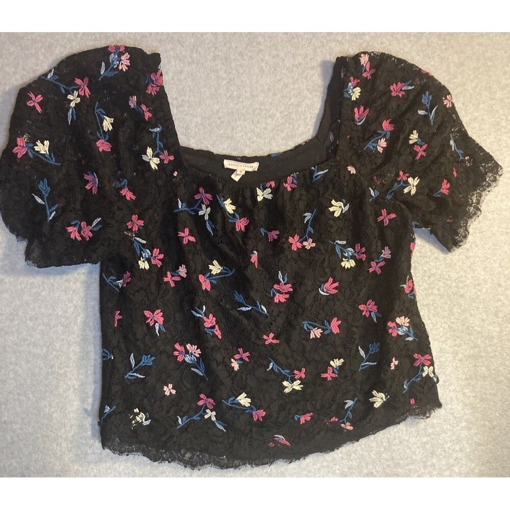 Rebecca Taylor Sz 10 Lace Blouse Floral Embroidery Black Coquette Peasant Sheer